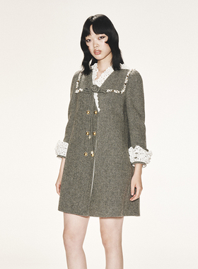 【明星同款】lefame拉飞姆秋季灰色人字呢花边娃娃型长款外套
