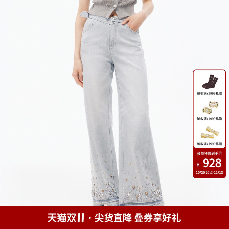 lefame拉飞姆时尚航海系穿搭直筒兔耳朵蝴蝶结装饰牛仔裤女