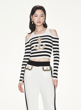 lefame拉飞姆修身黑白条纹珍珠露肩长上衣