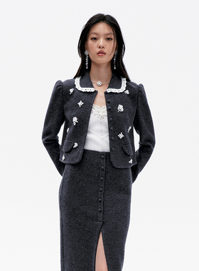 lefame拉飞姆冬季复古洛可可花边装饰钉珠针织上衣