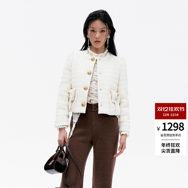 lefame拉飞姆冬季绞花绗缝短款米白色保暖羽绒服