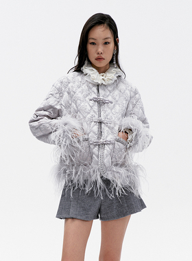 lefame拉飞姆冬季灰色羽毛新中式盘扣提花短款羽绒服女显瘦气质