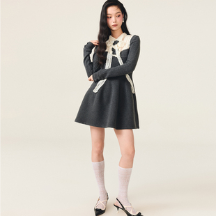 连衣裙 蝴蝶结飘带蕾丝拼接灰色针织长袖 lefame拉飞姆2025冬季 新款