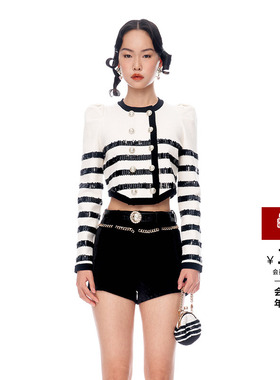 【明星同款】lefame拉飞姆俏皮宫廷风黑白撞色条纹针织开衫