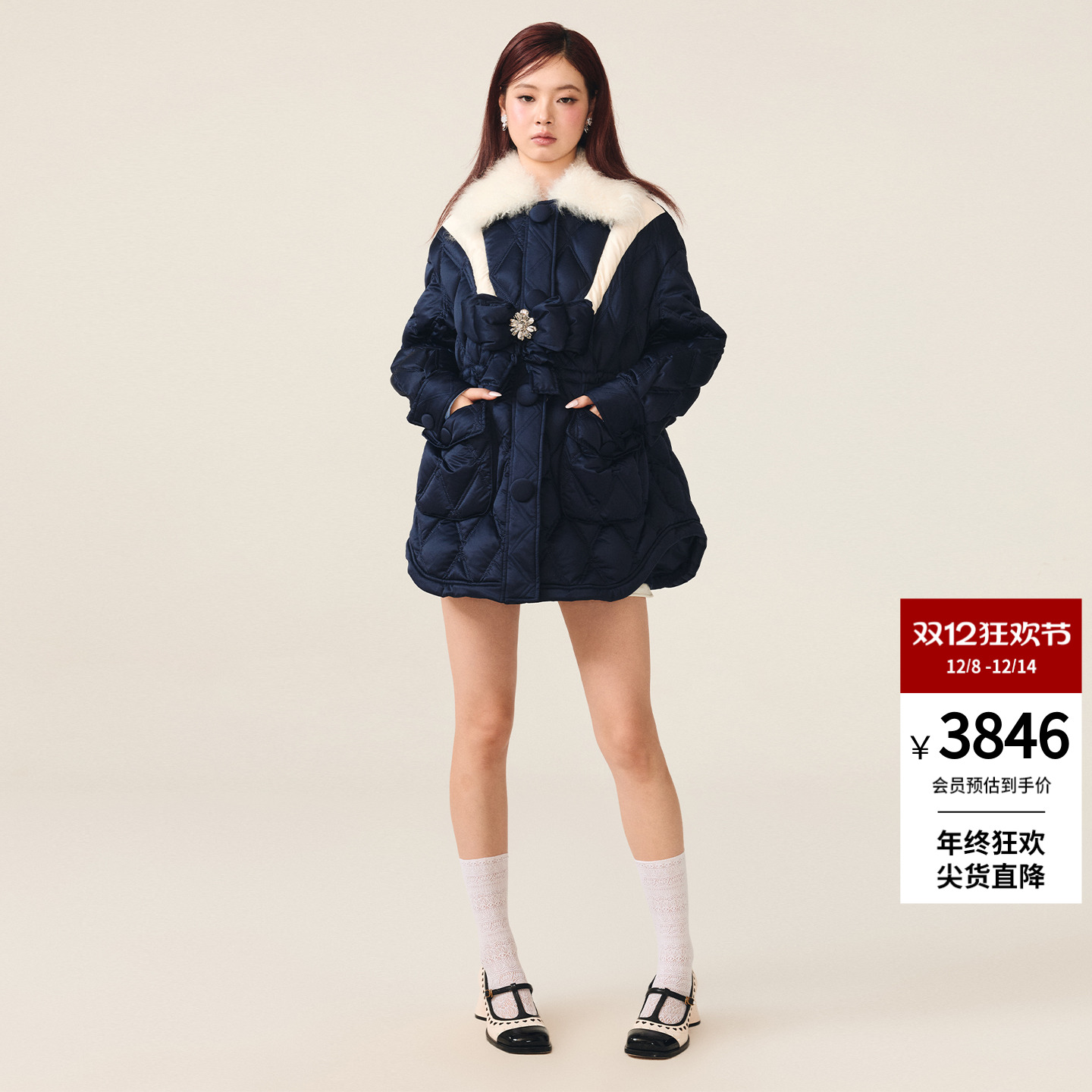 lefame拉飞姆2025冬季新款菱形格绗线蝴蝶结装饰学院风羽绒服外套