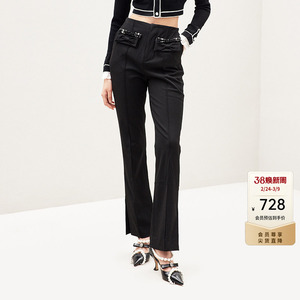 lefame拉飞姆百搭修身黑色微喇休闲裤西装裤女士裤子修身显瘦长裤