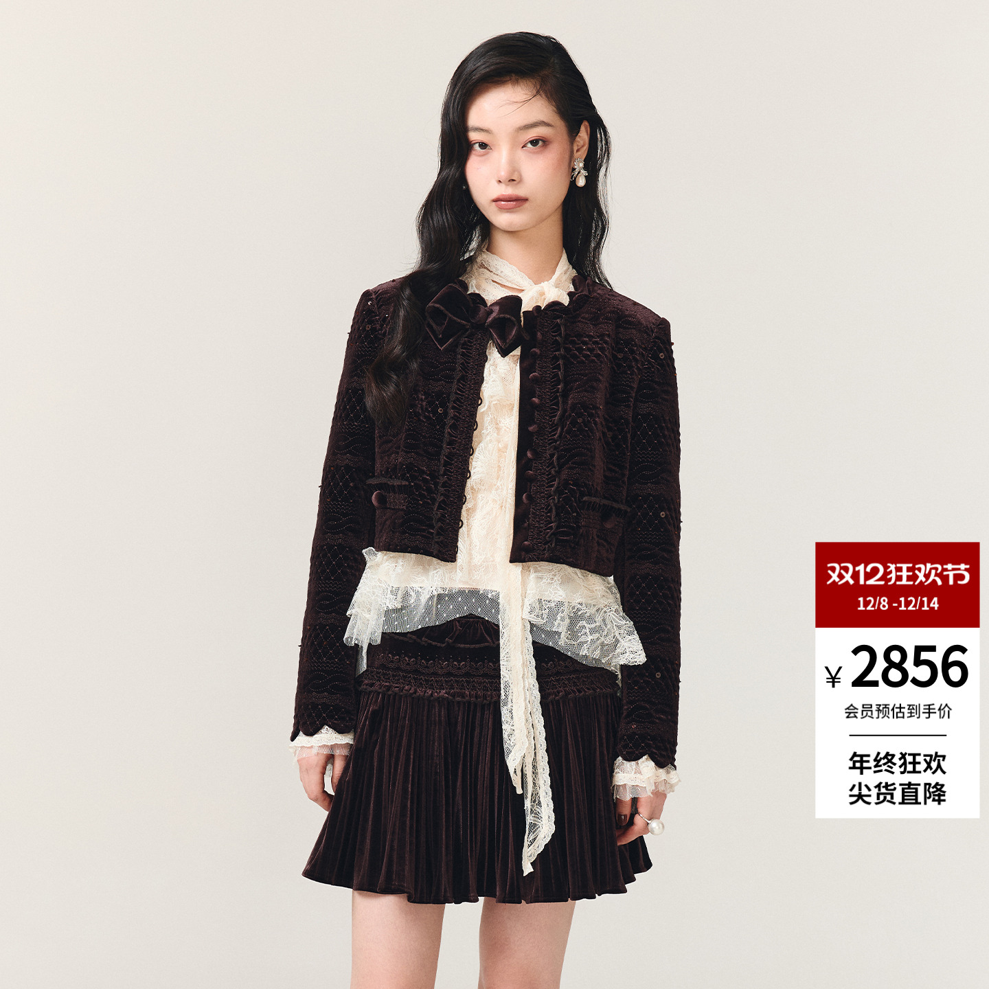 lefame拉飞姆2025冬季新款波嬉风绞花丝绒绣花绗棉外套短上衣女