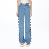 lefame拉飞姆双腰头高腰显瘦钉珠牛仔长裤 阔腿裤