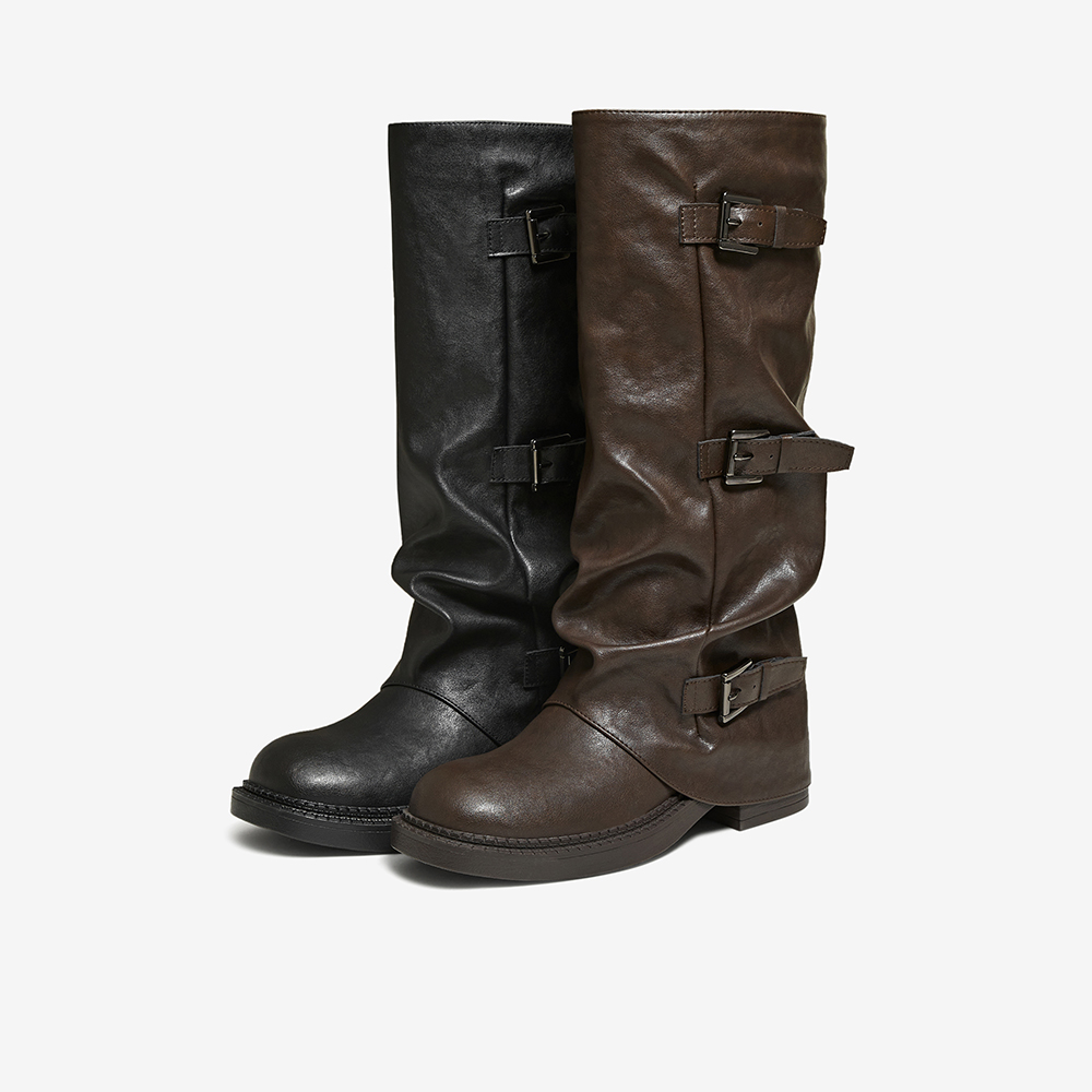 百思图2025冬新款棕色裤管靴大筒围骑士靴女高筒堆堆长靴B8605DG5