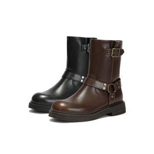 森达时装 靴女25冬新潮流皮带扣户外机车风圆头休闲中筒靴ZTI67DZ5
