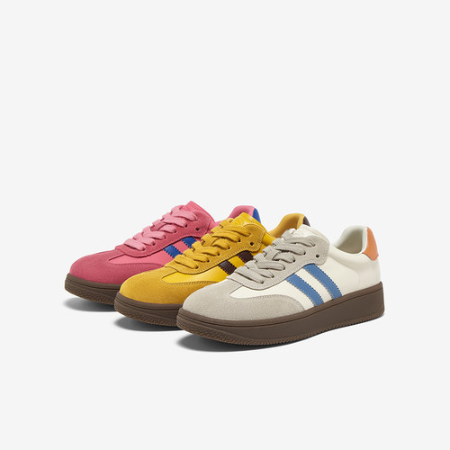 百思图2025夏季新款厚底德训鞋黄色复古女运动休闲鞋E5101CM5