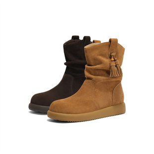 森达真皮西部靴女25冬新褶皱流苏厚底复古棕色堆堆中筒靴ZTI38DZ5