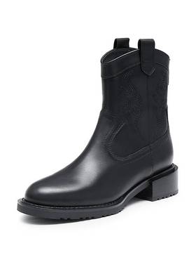 真美诗2024冬新款光泽牛皮舒适粗跟时髦西部靴时装短靴女YUJ59DZ4