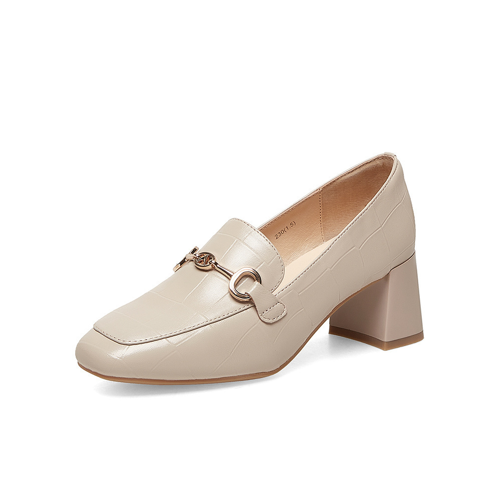 百思图2023春商场新款舒适乐福鞋高跟鞋羊皮鞋粗跟女单鞋KA103AA3