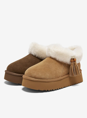 百思图2025冬新款真皮厚底雪地靴棉鞋加绒保暖女毛毛短靴L0282DD5