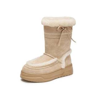 靴女EUW02DZ5 复古雪地靴加绒保暖中靴厚底时装 思加图2025冬季 新款