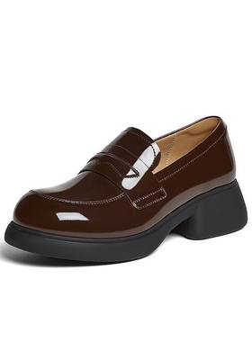 百思图2025秋商场新款真皮英伦风一脚蹬乐福鞋深口女单鞋UTS01CA5