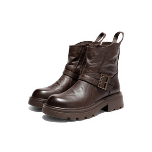 森达复古手抓牛皮时装 厚底粗跟短靴子XTJ01DZ5 靴女25冬新商场同款