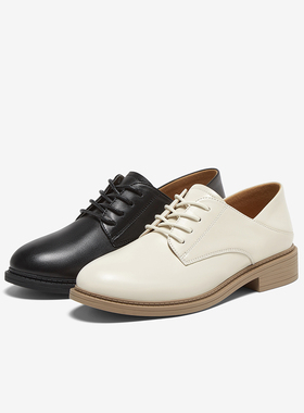 百思图2025春商场新款黑色牛津鞋皮鞋女一脚蹬羊皮皮鞋WWE57AM5