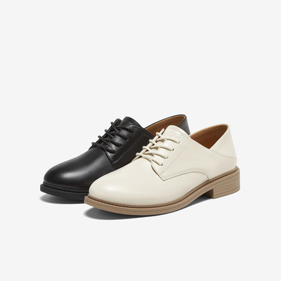 百思图2025春商场新款黑色牛津鞋皮鞋女一脚蹬羊皮皮鞋WWE57AM5