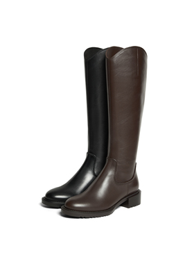 真美诗冬季质感牛皮圆头显瘦V口长筒靴粗跟骑士靴女YUJ38DG5