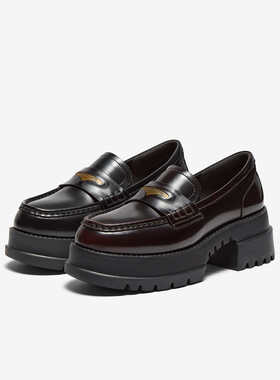 百思图2025春新款英伦风牛皮乐福鞋皮鞋厚底粗跟女单鞋VXA03AA5