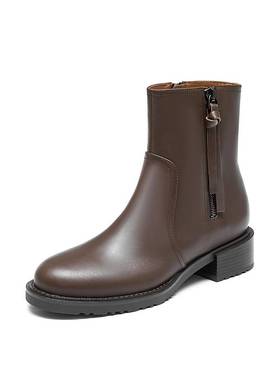 真美诗2024冬季新款光泽牛皮舒适瘦瘦靴粗跟短靴时装靴女YUJ58DZ4