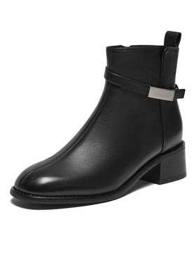 百思图2025冬季商场新款牛皮休闲靴通勤圆头女及踝短靴UYN01DD5