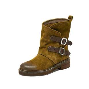 思加图2025新款 靴粗跟女靴C0085DZ5 复古棕色西部靴牛仔靴中靴时装