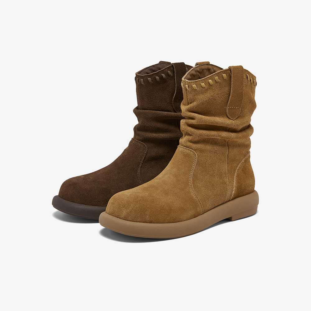 百思图2025冬季商场新款美拉德西部堆堆靴女显瘦真皮短靴D3780DZ5