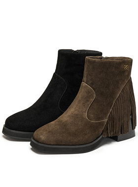 真美诗2025冬季新款羊皮流苏西部靴6cm粗跟时装靴短靴女579L5DD5