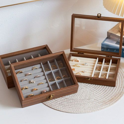 胡桃木纹首饰收纳盒透明防尘