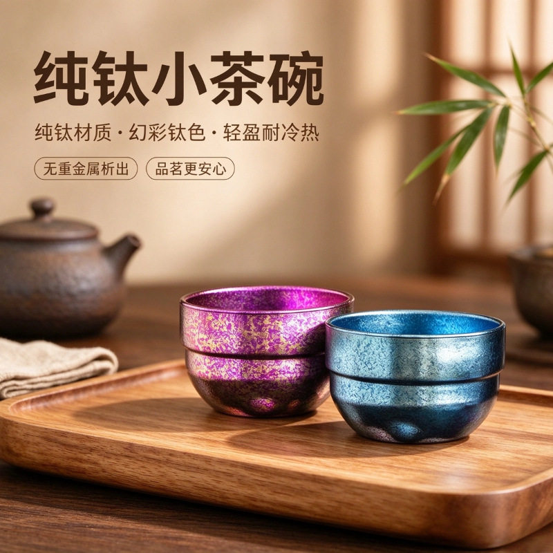 界者纯钛小茶杯七彩幻彩品茗杯家用办公功夫茶盏便携主人杯钛茶具