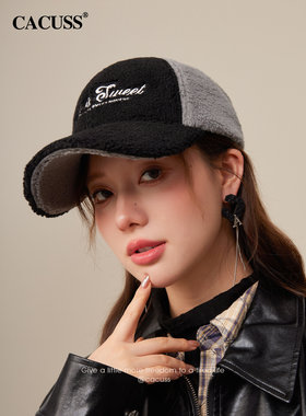 CACUSS仿羊羔绒帽子女秋冬季棒球帽美式撞色大头鸭舌帽保暖显脸小