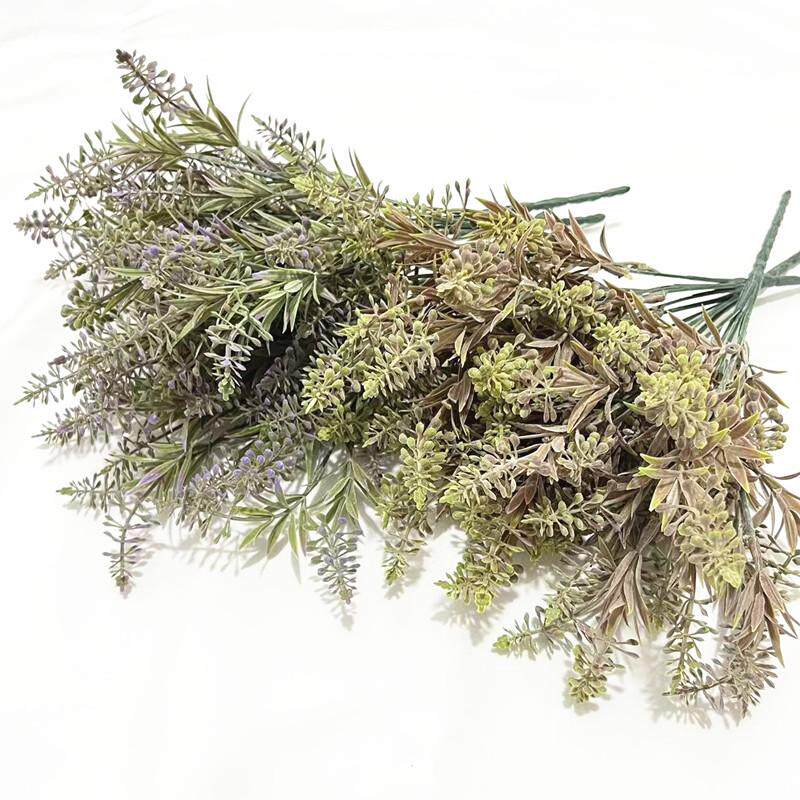 新款塑料扑粉把束5头薰衣草 紫色 咖啡色花箱栅栏装饰摆放仿真花