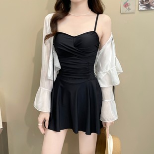 带钢托保守遮肉泡温泉高级感 带罩衫 女士泳衣2026新款 连体黑色长袖