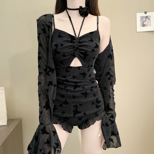 泳衣女2025新款连体遮肉显瘦黑色蕾丝长袖罩衫性感绝美高级感泳装