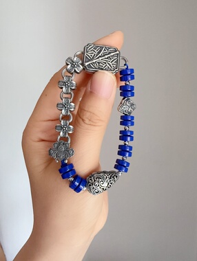 原创青金石手链手串老银梅兰竹菊方牌配饰送女友闺蜜生日礼物