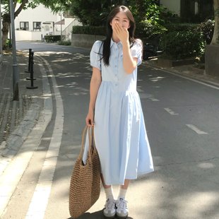 日系蓝色条纹长裙女错位腰线设计显瘦甜美衬衫 青屿青言夏季 连衣裙