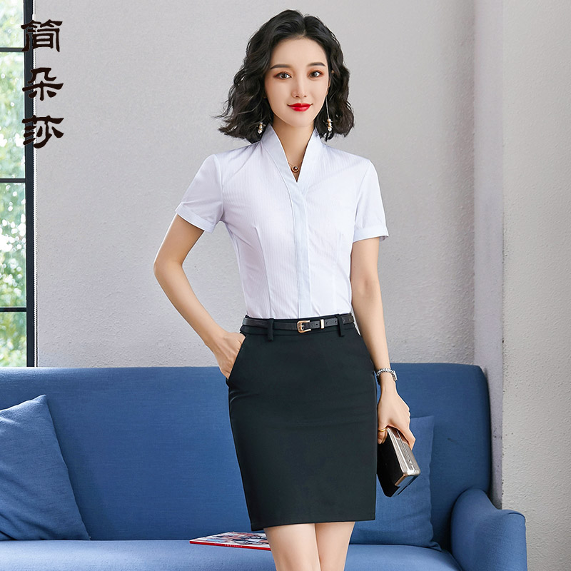 白色短袖v领中式风餐厅空乘工服