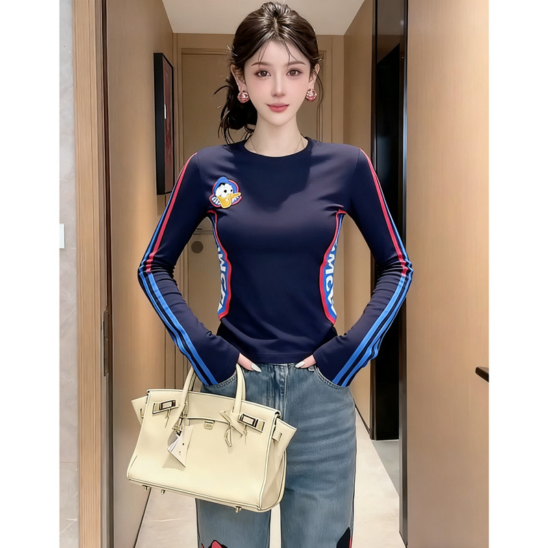 秋冬新款打底衫女2025圆领鸭子拼接撞色印花T恤修身德绒显瘦长袖,女装/女士精品,大码内搭,淘宝优惠券,粉丝福利购,淘宝优惠卷