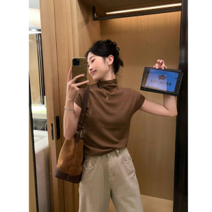 打底衫 2024早秋季 宽松百搭套头短袖 新款 上衣 T恤女纯色高领针织衫