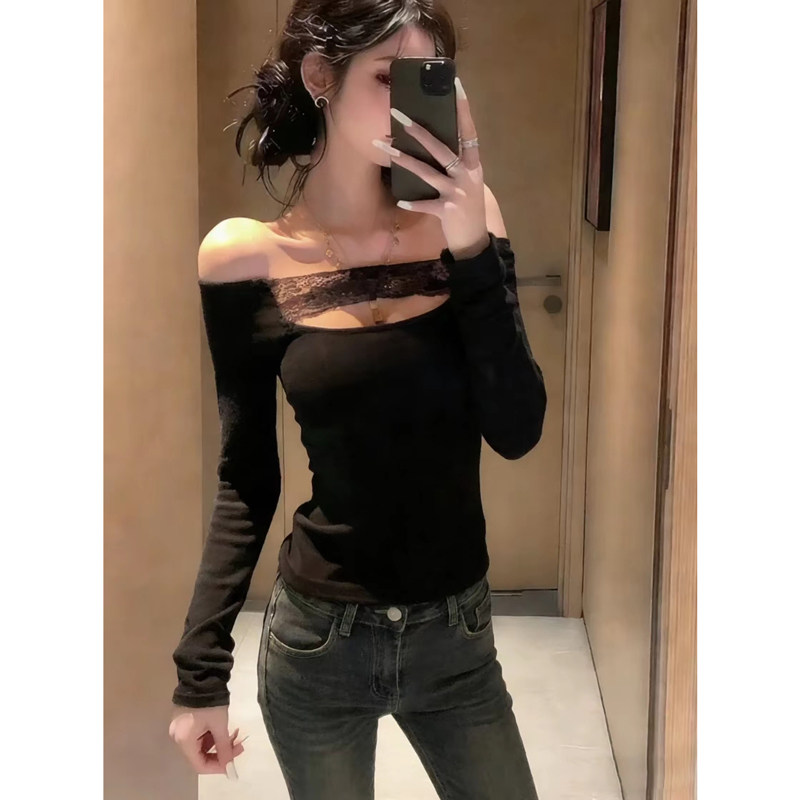 2026春秋新款打底衫女一字肩镂空蕾丝T恤修身复古性感显瘦长袖,女装/女士精品,大码内搭,淘宝优惠券,粉丝福利购,淘宝优惠卷