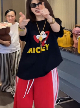 潮牌美式重磅黑色印花米奇短袖t恤女2025年夏季新款休闲宽松上衣