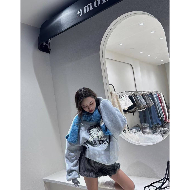 圆领卡通字母贝蒂印花加绒中长款