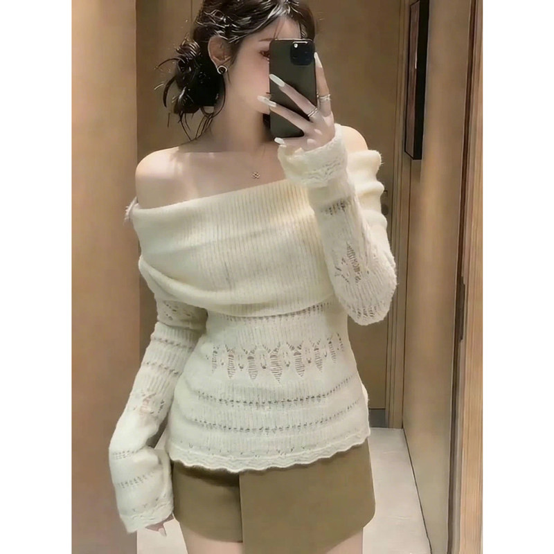 2026春秋新款针织打底衫女一字肩薄款镂空T恤修身性感显瘦长袖,女装/女士精品,大码内搭,淘宝优惠券,粉丝福利购,淘宝优惠卷