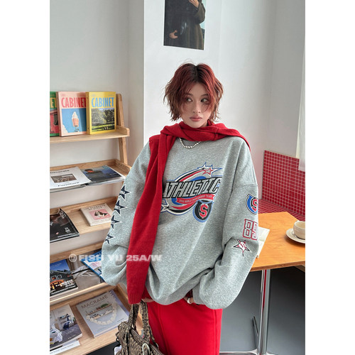 卫衣潮牌图案数字印花中长款复古