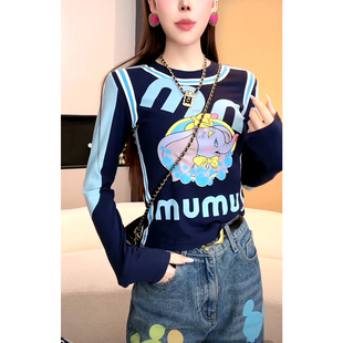 减龄加绒长袖 女圆领大水象卡通印花T恤修身 潮 打底衫 2024秋冬新款