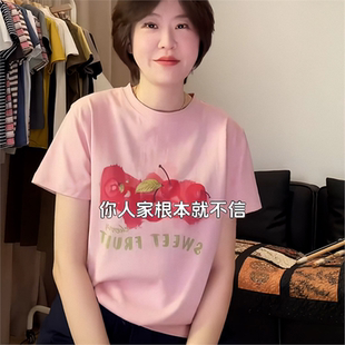 纯棉美式 青春感洋气减龄体恤上衣 复古樱桃印花短袖 t恤女2025夏季