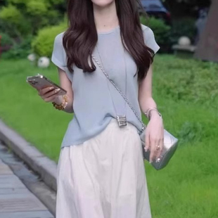 小众不撞款 韩系蓝色薄款 显瘦胖MM大码 针织短袖 宽松上衣 T恤女夏季